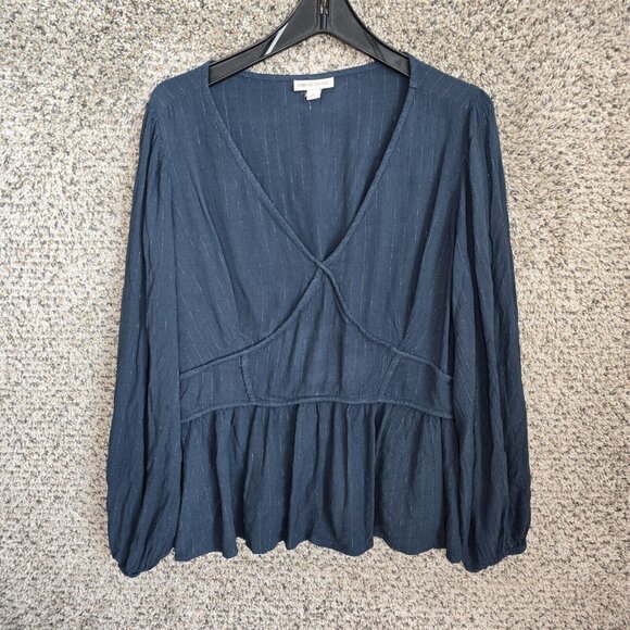 Knox Tops - Knox Rose‎ Top Womens Plus 1X Blue V Neck Long Sleeve Blouse Casual Ladies